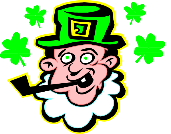 The image features a cartoon depiction of St Patrick's Day theme with an Irish leprechaun wearing green attire holding four-leaf clovers in each hand against a black background adorned with shamrocks and clover leaves, suggesting it is related to the holiday celebration.