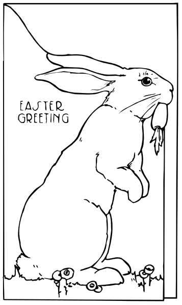 The image shows a black and white illustration of an Easter bunny sitting on grass with flowers around it; above him is text that reads "Easter greeting."