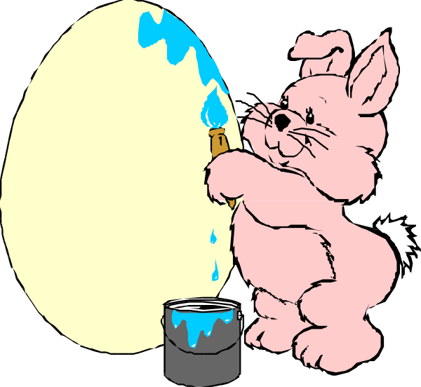 The cartoon shows a pink bunny painting an egg with blue paint using a brush inside what appears to be a refrigerator door that has been opened wide for this activity.