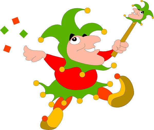 The cartoon depicts a jester with exaggerated features performing tricks on stage while surrounded by confetti.