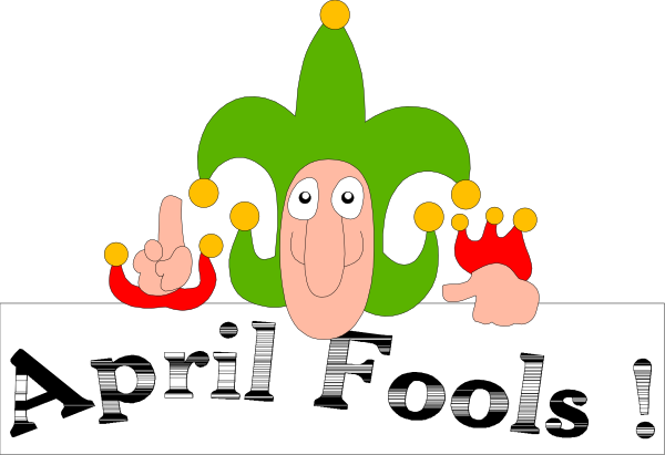 The image features a cartoon character dressed as an April Fool's jester with text that reads "April fools!" in bold letters above it.