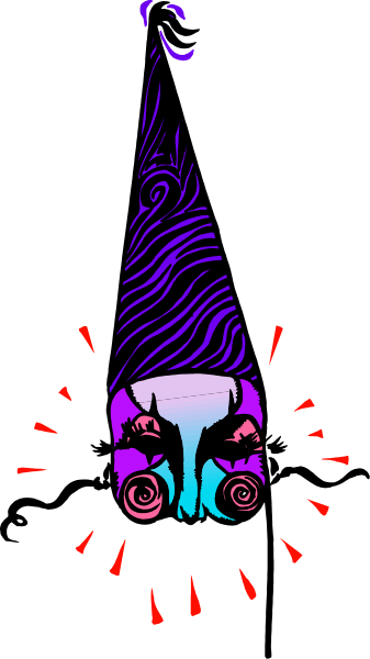 The image shows a purple alien with red eyes holding up its hand to reveal three fingers on each fingerless glove-like appendage against an orange background.