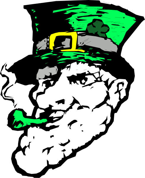 The image shows a black and white illustration of an Irish flag with shamrocks on it next to what appears to be a caricatured face wearing a hat resembling that worn by leprechauns, set against a dark background.
