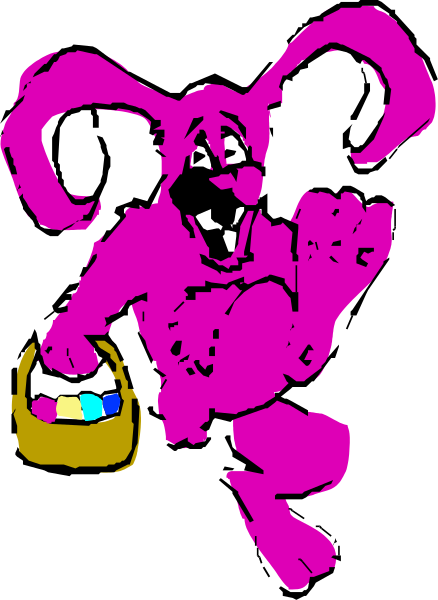 The image shows a cartoon rabbit holding an Easter basket with candy inside it while standing on its hind legs against a black background.