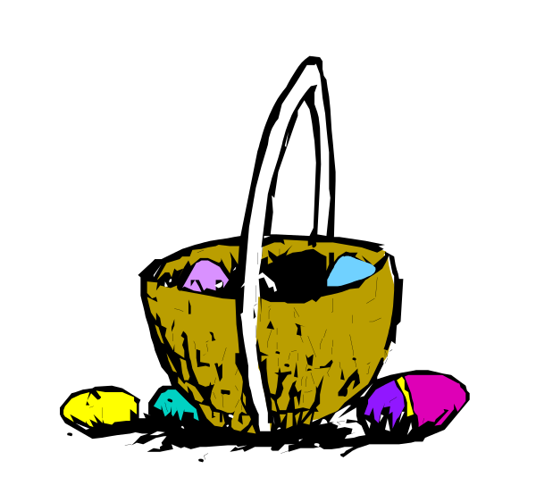 The image shows a cartoon depiction of an Easter basket with eggs inside it placed on top of what appears to be a woven mat next to two knives crossed over each other in front of them.