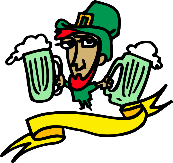 The image features a cartoon of an Irish leprechaun holding two mugs with beer foam on top while standing next to a yellow banner that has text on it; he is wearing green attire, including pants and shoes, which suggests his character's theme or costume.