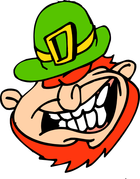 The image features a cartoon depiction of an Irish leprechaun wearing green attire with red hair, holding a shamrock in his hand while standing on top of what appears to be a pot of gold at the end of a rainbow.