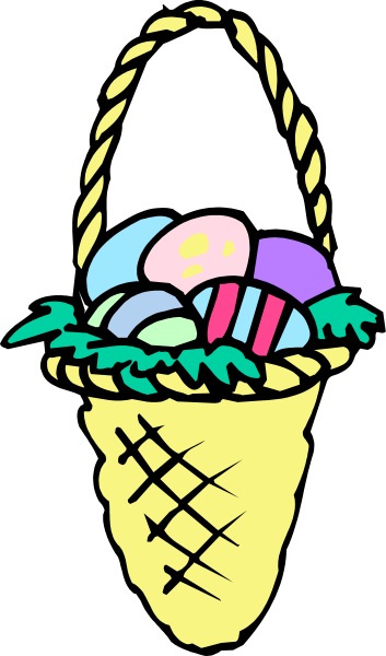 The cartoon depicts a basket filled with Easter eggs placed inside an ice cream cone shaped like a waffle cone on top of another similar one that is sitting in front of it; both cones have straws sticking out from them, and there's no sign indicating whether they are for eating or not.