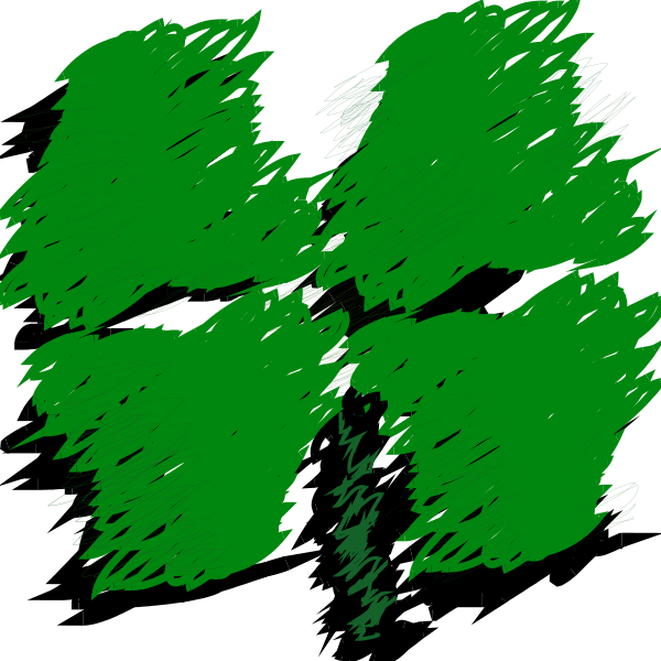 The image shows a green four leaf clover with white lines drawn over it to create an abstract pattern resembling leaves on branches against a black background.