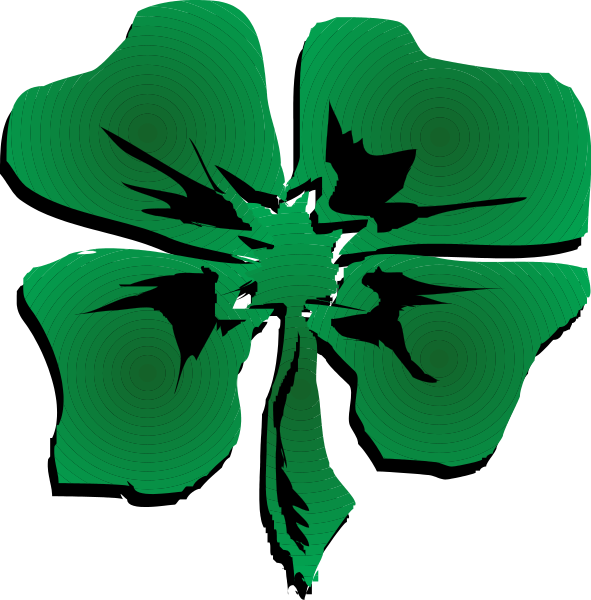 The image shows a green four-leaf clover with stylized petals against two different backgrounds: black on top left corner of an otherwise white square in one instance; and darker shades of blue, possibly representing water or sky, beneath it in another case.