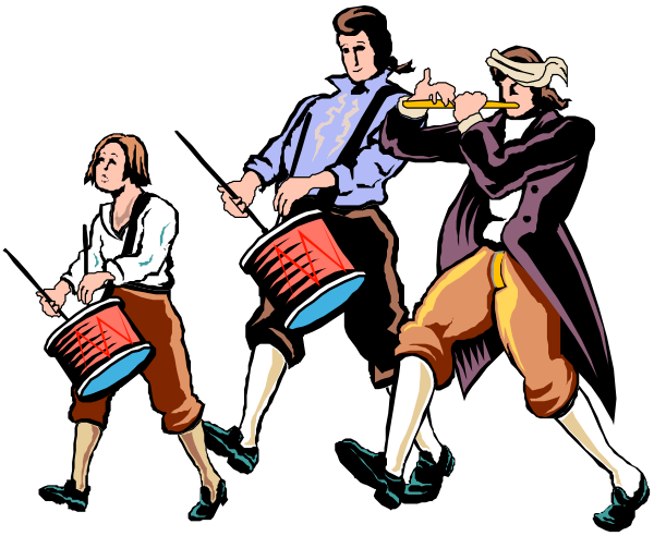 The image shows three historical figures dressed as musicians from a bygone era; two men play instruments while another man watches with interest in front of them all.