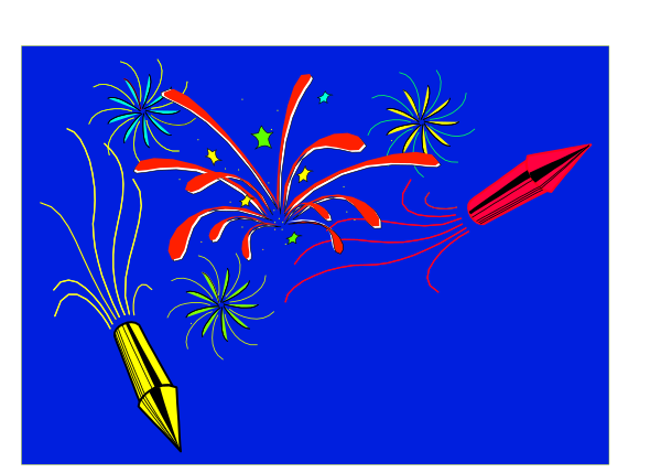 The image shows a cartoon of fireworks exploding against a blue background with confetti falling around them; there is also an illustration of two sparklers on either side at bottom left corner.