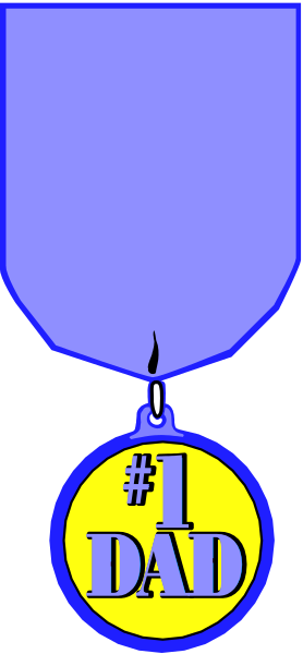 The image shows a medal with an attached ribbon featuring text that reads "1st Dad" on it against a blue background at the top of which is a small illustration resembling a trophy symbolizing achievement, and below this emblematic representation hangs another smaller tag or badge.