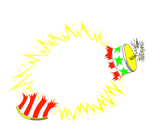The image shows a cartoon depiction of an explosion with various elements such as fireworks, stars, lightning bolts, and smoke emanating from what appears to be a black object in motion against a dark background.