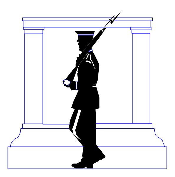The black and white silhouette of a soldier standing at attention next to an obelisk with columns on either side in front of which is another smaller columned structure that resembles a temple-like building, all set against a dark background.