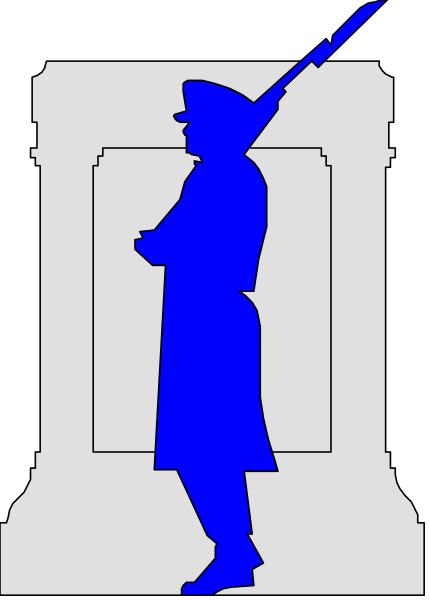 The image shows a blue silhouette of an American soldier standing at attention with his rifle held upright on what appears to be a pedestal in front of him; he is depicted against a white background that has black and gray stripes, giving it the appearance of being inside another picture or frame.