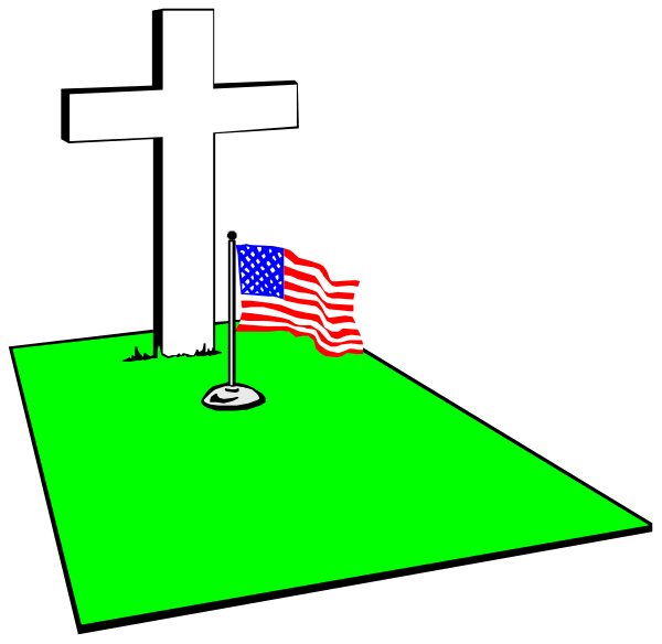 The image shows a black and white representation of an American flag at half mast next to a cross on what appears to be a grave marker in front of two small flags with stars that resemble those found on military graves, suggesting this could represent a soldier's resting place or memorial site for veterans.