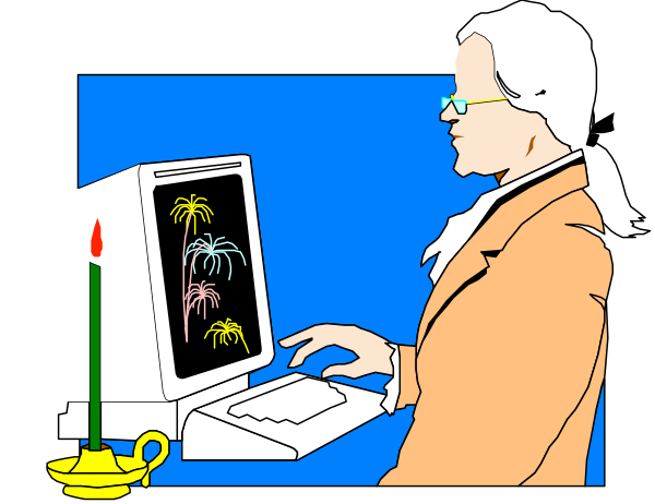 The illustration shows a man sitting at his computer desk with fireworks on it; he is wearing glasses and has gray hair.
