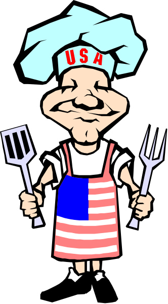 The cartoon depicts a caricature of an American chef holding two forks with his hands crossed over them while standing in front of what appears to be a grill. He is wearing traditional cook's attire, including a blue apron and hat adorned with the word "USA."