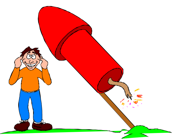 The cartoon shows a man standing next to an exploding firecracker with his hands on his ears as if he's deafened by its loud noise; there is no text in this image.