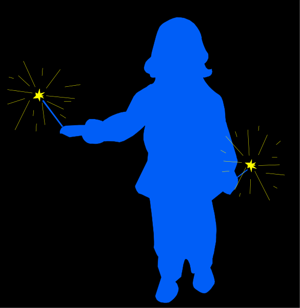 The image shows a sequence of two pictures featuring an animated character holding sparklers with fireworks exploding around them against different backgrounds: in one picture, it's nighttime; in another, daylight is depicted.