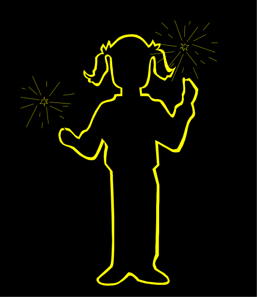 The image shows a cartoon of an animated girl with horns on her head holding sparklers while standing against a dark background.