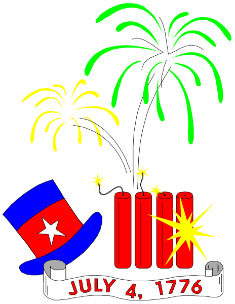 The image shows a black background with colorful illustrations of fireworks on either side; at center is an American flag banner that reads "JULY 4TH" in white text above red candles, and below it there's a blue star symbolizing Texas within the United States. To the right are two green sparklers against black background with stars inside them. The style of this image appears to be digital art or clip-art designed for celebratory occasions like Independence Day.