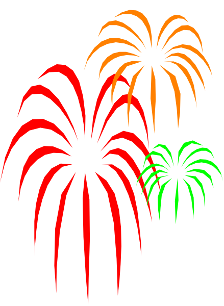 The image shows a black background with three fireworks of different sizes: two large ones on either side that appear to be red and green respectively, and one smaller in between them which is yellow-orange.