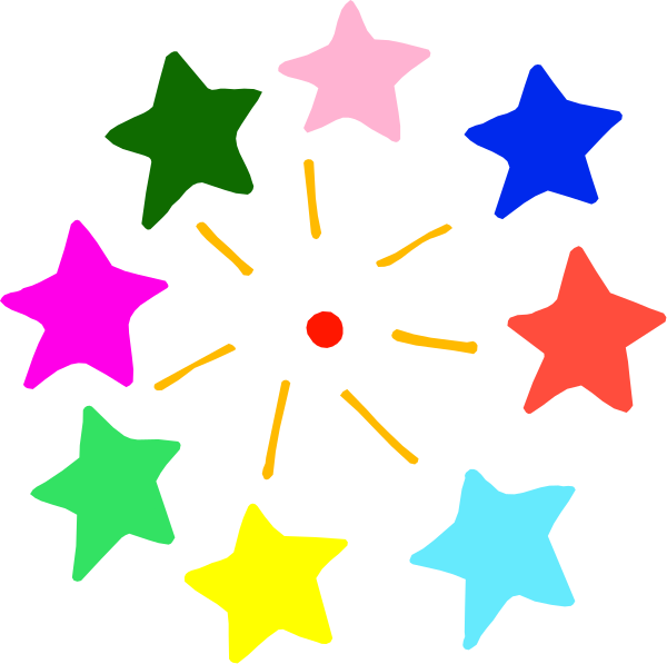 The image shows a colorful starburst with stars of various sizes radiating outward from an orange center point to form a bright constellation against a dark background.