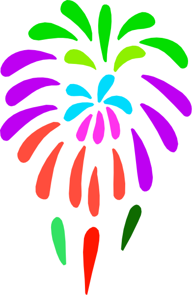 The image shows a colorful fireworks display with red, green, blue, purple, yellow, pink, white sparkles against black background.