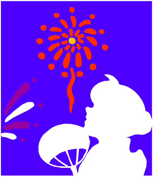 The image shows a graphic with an illustration of fireworks exploding against a dark blue background on top left corner; in center right is a cartoon character blowing bubbles from their mouth while looking upwards, and below them there's a silhouette of a person holding what appears to be a parachute or umbrella. The style suggests it could be used for greeting cards or invitations with festive themes like New Year's Eve celebrations.