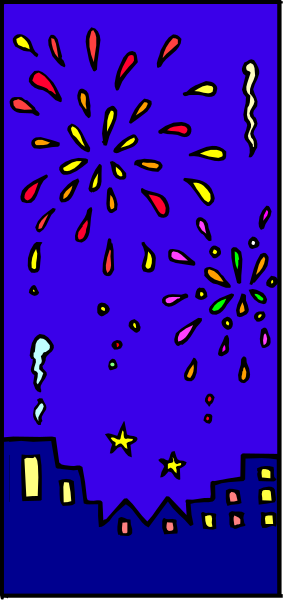 The picture shows a purple night sky with fireworks exploding above buildings that have colorful lights on them; there is no text present in this image.