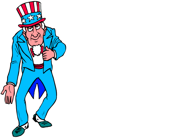 The cartoon shows two caricatures of men dressed as Uncle Sam; on the left is a man with his arms outstretched in front of him while standing upright, wearing blue pants and white shoes, holding what appears to be an American flag behind himself, smiling broadly at another figure who stands facing away from us. The second character has one arm extended forward towards the first as if reaching for something or gesturing; he is also dressed similarly with a suit jacket over his shoulders but without sleeves, revealing blue pants and white shoes like the other man's attire. Both characters