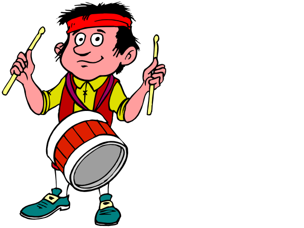 The cartoon shows two animated characters playing musical instruments: a drummer with red hair wearing yellow pants holding drums on his left side of body; to right is another character in blue shirt also holding an instrument that resembles a guitar, standing next to him and smiling at viewer.