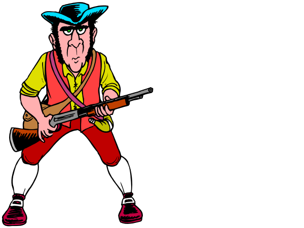 The black and white cartoon shows two men dressed as colonial soldiers holding guns; both have red vests with yellow trim on their chests, blue pants, brown shoes, and hats adorned with feathers.