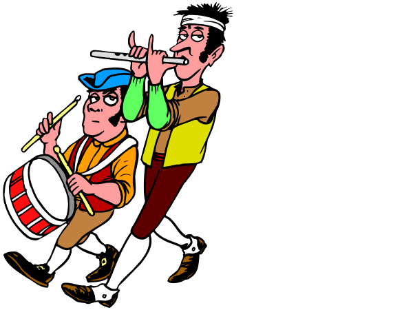 The cartoon shows two men playing musical instruments; a man on drums wearing blue pants is walking to his right while another musician in yellow attire with red hair plays an instrument that resembles a flute, and both appear happy as if dancing down a street or pathway at nighttime under the moon.