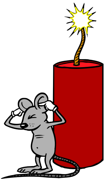 The cartoon shows a mouse standing next to two fire extinguishers with lit candles on top of them; one is red while the other has an explosion effect around it due to its candle being blown out, and there's smoke coming from both ends where they meet at their base.