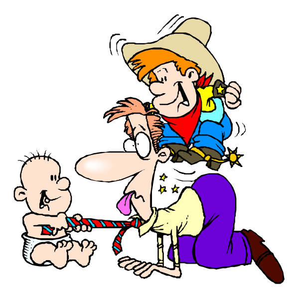 The cartoon depicts a family of three characters: an adult couple with their baby sitting between them on the floor; both parents appear to be in casual attire while holding onto each other's hands for support, and there is no visible text within this image.