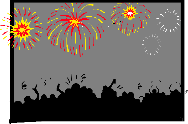 The black and white silhouette of a crowd celebrating with fireworks against an overcast sky at nighttime.