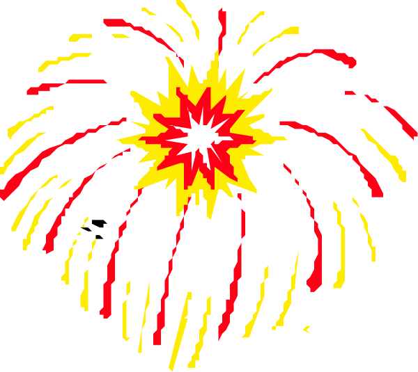 The image shows a pixelated fireworks display with an explosion at its center against a black background.