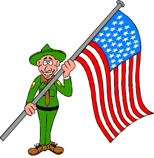 The image shows two panels: In panel A, there's a cartoon of an American flag with a person holding it; in panel B, another figure is standing next to that same flag but now holds a pole instead.