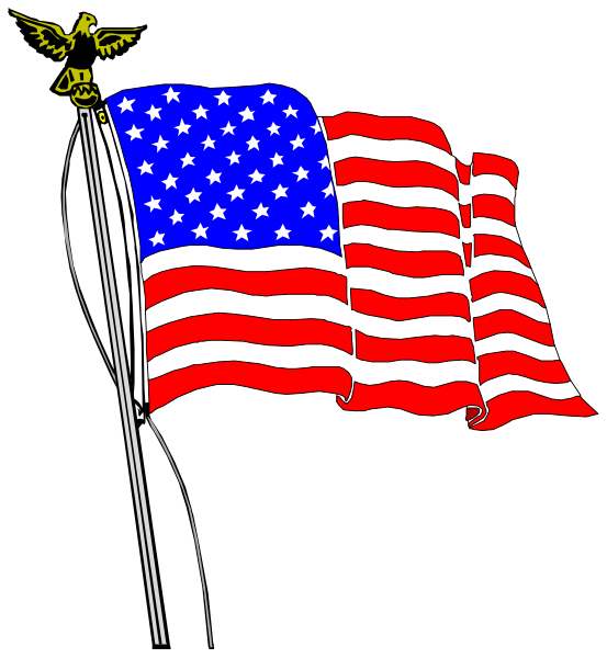 The flag of the United States on a pole with three flags behind it against a black background.