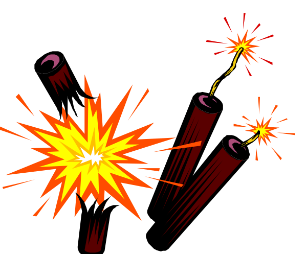 The image shows a cartoon depiction of fireworks exploding with bright sparks against a dark background; there is no text present in this clip-art illustration.