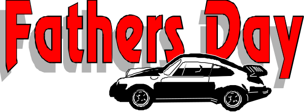 The image shows a graphic with text that reads "Fathers Day" at top right corner overlaid on an illustration of two cars facing each other against a red background; below this is another line of text reading "Dads' day."