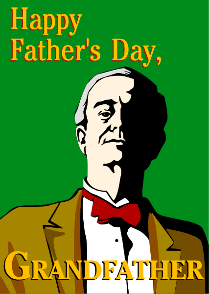 The image features a cartoon of an older man with mustache holding up his hat to greet someone. He is wearing glasses and has gray hair. In front of him there's text that reads "Happy Father's Day, Grandfather."