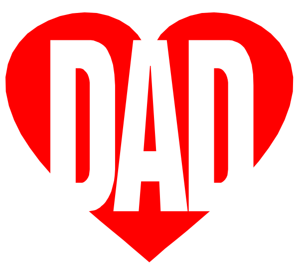 The image shows a graphic with two red hearts overlapping each other against a white background; within these heart shapes is text that reads "DAD" in large black letters atop one of them.