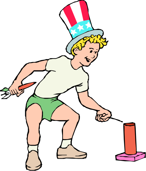 The illustration shows a cartoon of an American boy dressed as Uncle Sam with his right hand holding a hammer over a red object on the ground while he is bending forward slightly to hit it; in front, there's another small figure that appears to be using a shovel or similar tool.