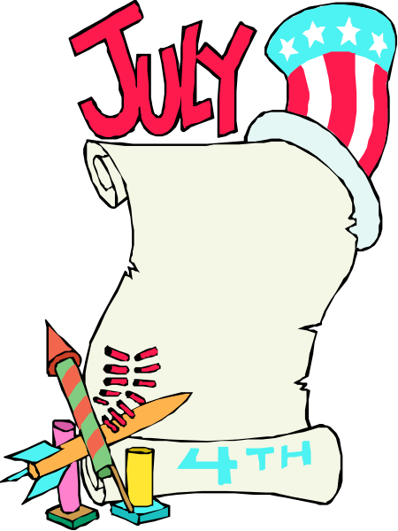 The image features a black background with white text that reads "JULY 4TH" at top left corner; below it is an illustration of Uncle Sam's head wearing his traditional hat on which rests a pair of sunglasses, and he holds a scroll in one hand while the other appears to be holding fireworks. To the right side of this image there are two toy rockets with flames at their ends, suggesting they have just been launched or about to take off; below them is an American flag design on what looks like parchment paper. The overall style suggests