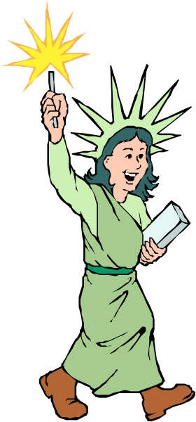 The cartoon shows a person holding an American flag with their right hand while waving it upwards towards the sky with their left arm extended outward in front of them; this individual is wearing brown shoes on both feet and has short hair, which appears to be dark-colored.