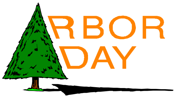 The image shows a graphic with text that reads "ARBOR DAY" atop an illustration of two pine trees on either side of what appears to be a campfire in front of them; below this, there is another line of text reading "ARBOREDAY."